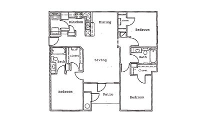 Maple - 3 bedroom floorplan layout with 2 bath and 1261 square feet